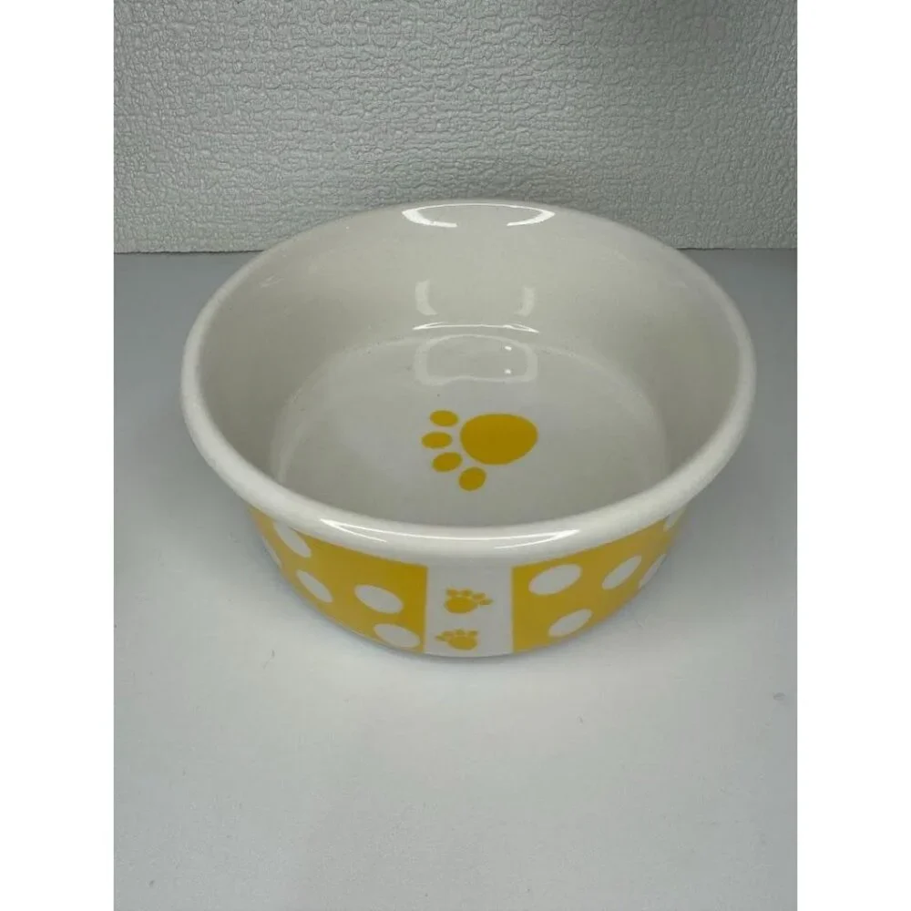 Yellow Polkadot, Paw Small Cat Dog Dish Bowl